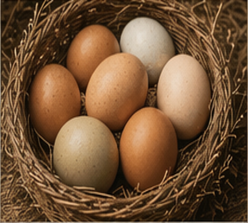 Pasture-raised eggs in a nest